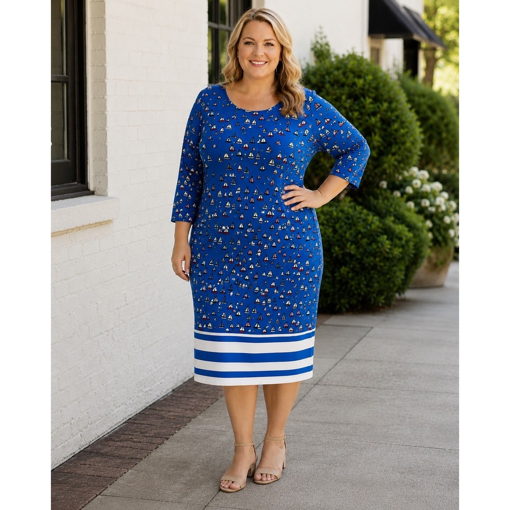New Leota Womans 2L 20/22 Plus Dress Shift Dress Sail Boats 3/4 Sleeves Blue NWT